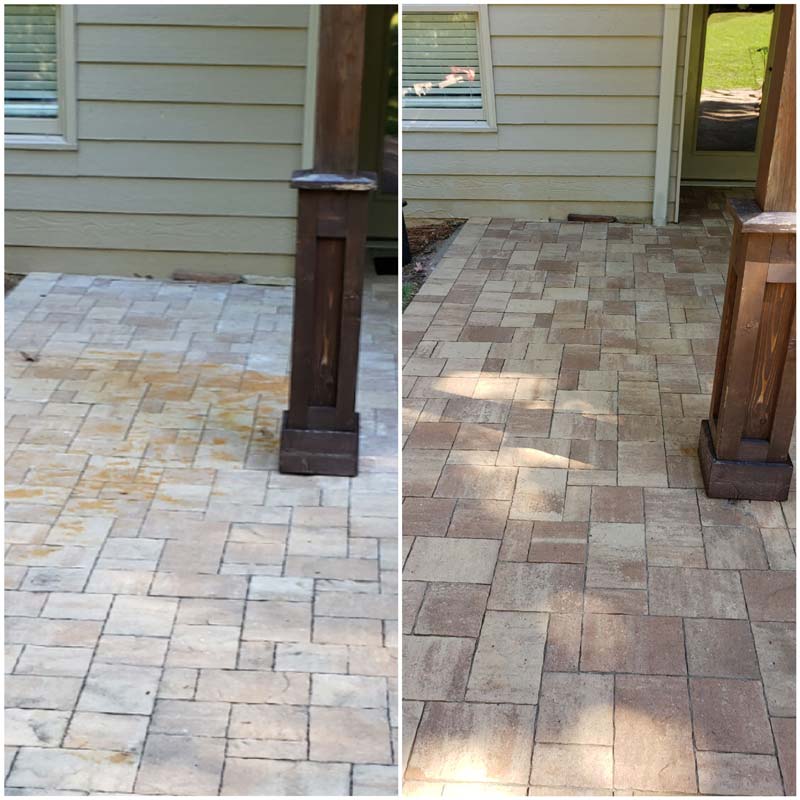 before and after pressure washing a patio